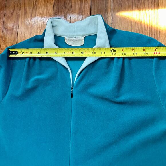 Vintage 70s Vanity Fair Velour Robe Teal & White Zip Front Lounge Dress Size 14 - Picture 12 of 15